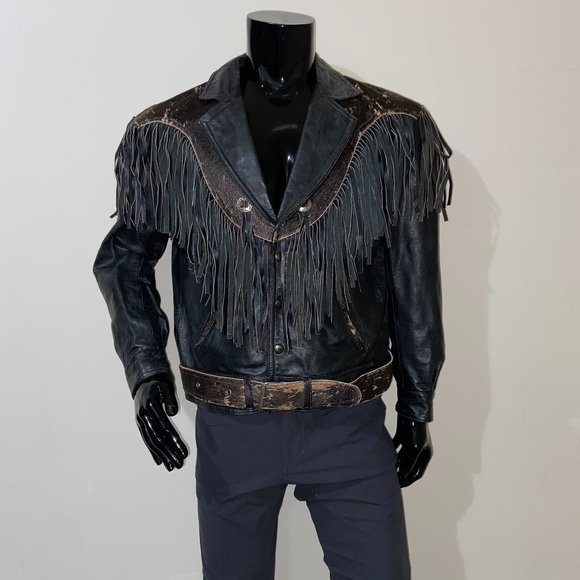 HNOS SOLORZANO FRINGED LEATHER BIKER JACKET BLACK LEATHER W/ HORSEHIDE TRIM - 46 - Picture 1 of 10
